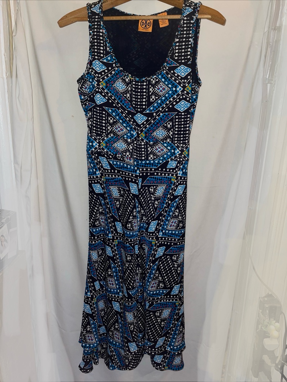 Tory Burch Silk Geometric Black White Blue Dress Size 4 EXC